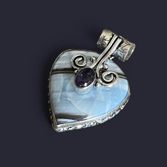 Teardrop Natural Owyhee Opal & Amethyst 2” Gemstone Silver Pendant - Picture 4 of 7